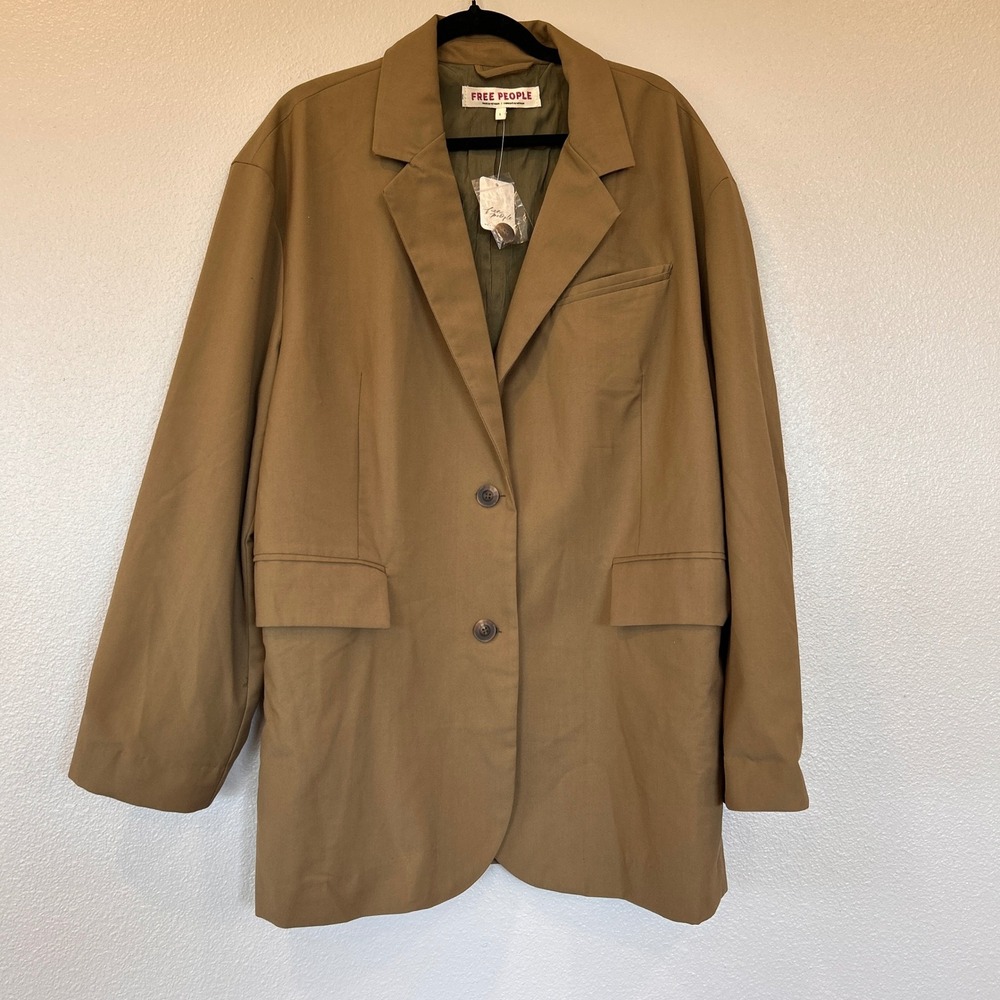 Free People Bowie Tan Oversized Blazer Two Button Longline Jacket Womens Size L - Picture 1 of 14